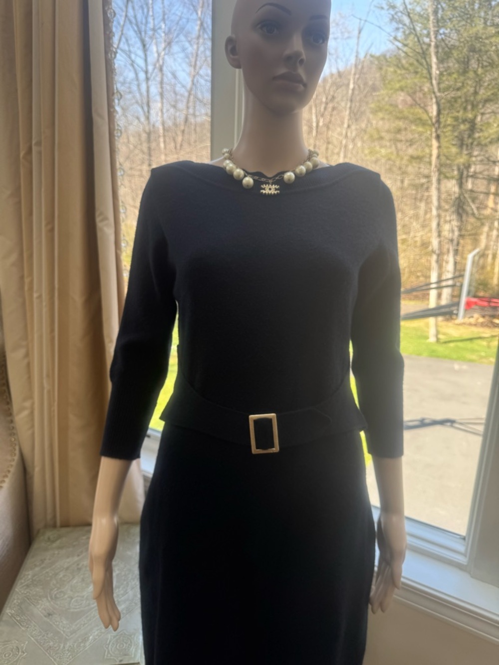 CHANEL Black Long-Sleeve Belted Knit Dress